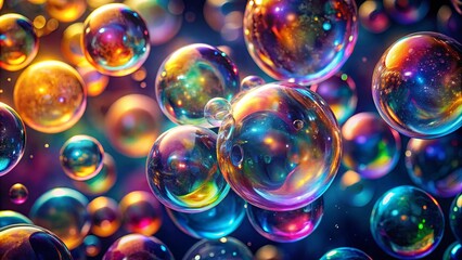 A symphony of iridescent bubbles dancing in a vibrant kaleidoscope of colors, each sphere reflecting a miniature galaxy of light and wonder