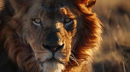Animal close-up, a lion's mane blowing in the wind, eyes locked on its prey