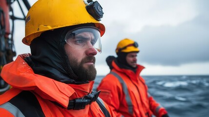 Fototapeta premium Workers on an offshore platform conducting routine maintenance in windy conditions offshore platform, maintenance crew, challenging conditions