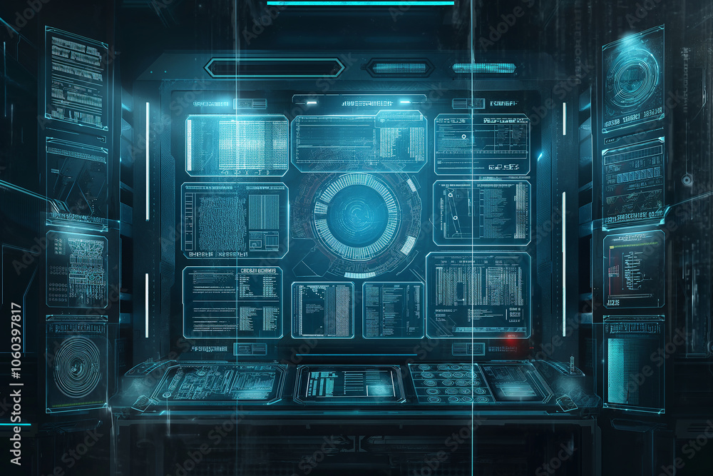 Poster holographic interface background with luminous blue script codes, digital graphs, and transparent pa