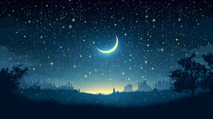Naklejka premium Night Sky Illustration with Crescent Moon and Stars