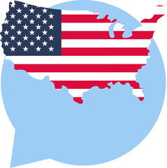 Vector illustration of country silhouette in colors of USA flag in speech bubble. Patriotism, national holidays, or events celebrating American culture. Website designs for government agencies, educat