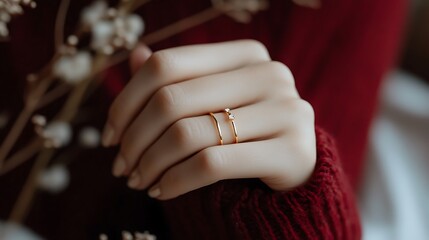 Obraz premium A close-up of a woman's hand wearing two thin gold rings with tiny diamonds, set against a blurred background of a red sweater and white flowers.