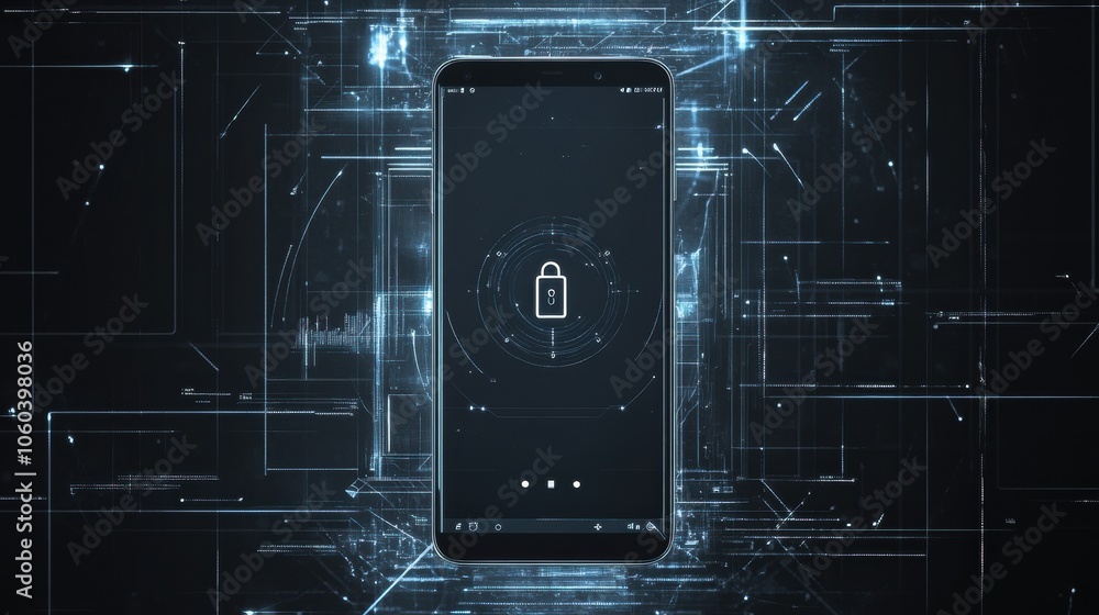 Leinwandbilder The smartphone's screen features a prominent lock icon, suggesting a secure state amidst a high-tech digital environment. Generative AI