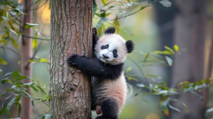 Fototapeta premium Adorable animals like a baby panda climbing up a tree trunk