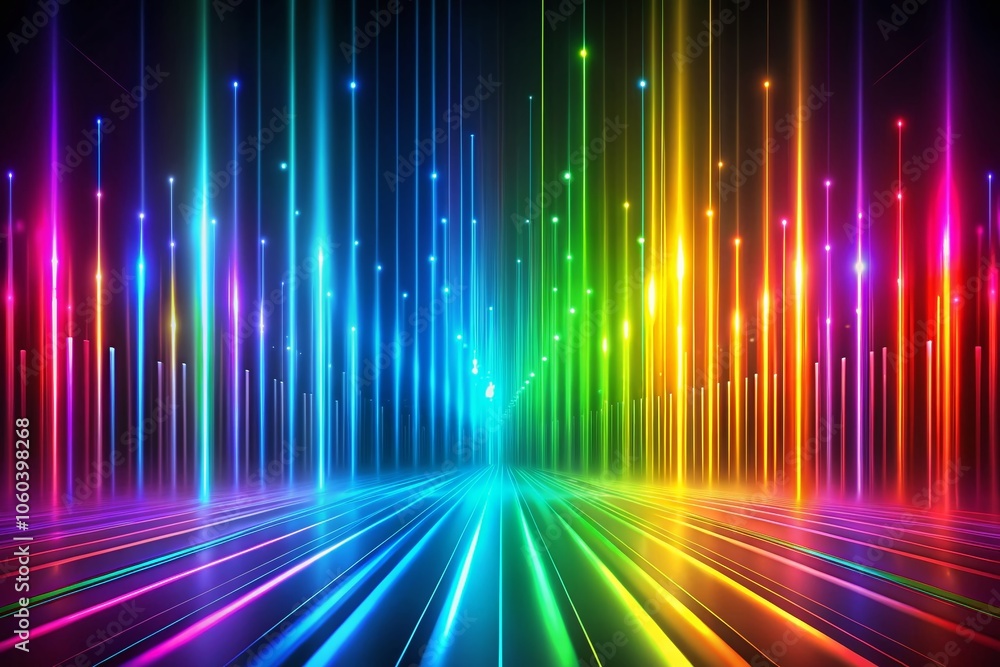 Poster Abstract Rainbow Spectrum with Glowing Parallel Lines on Dark Background – Vibrant Colorful Art for Modern Design, Digital Backgrounds, and Creative Projects