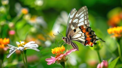 A butterfly landing on a flower, showing delicate wings