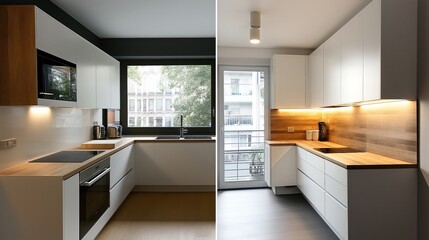 Modern kitchen interiors with white cabinets, wooden countertops, built-in appliances, and large windows providing natural light. Clean and minimalist design for contemporary homes.