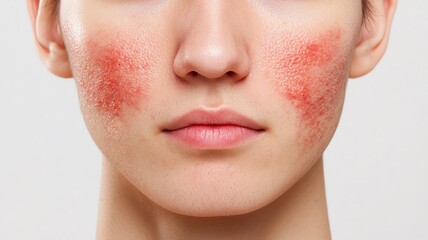Zoomin on a person with rosacea redness across the cheeks and nose, showing sensitivity and irritation   rosacea, facial redness, irritated skin