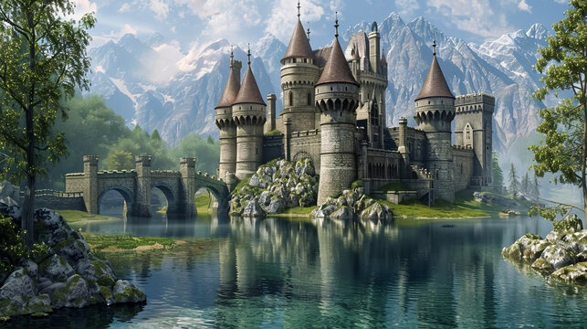 An enchanting fairy tale castle surrounded by a moat, with turrets, towers, and a drawbridge.