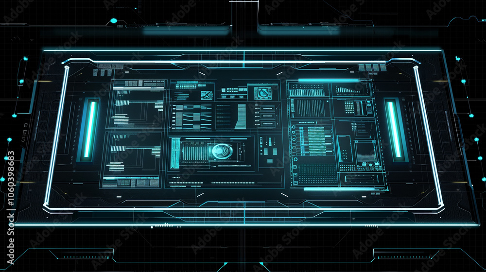Poster holographic interface background with luminous blue script codes, digital graphs, and transparent pa