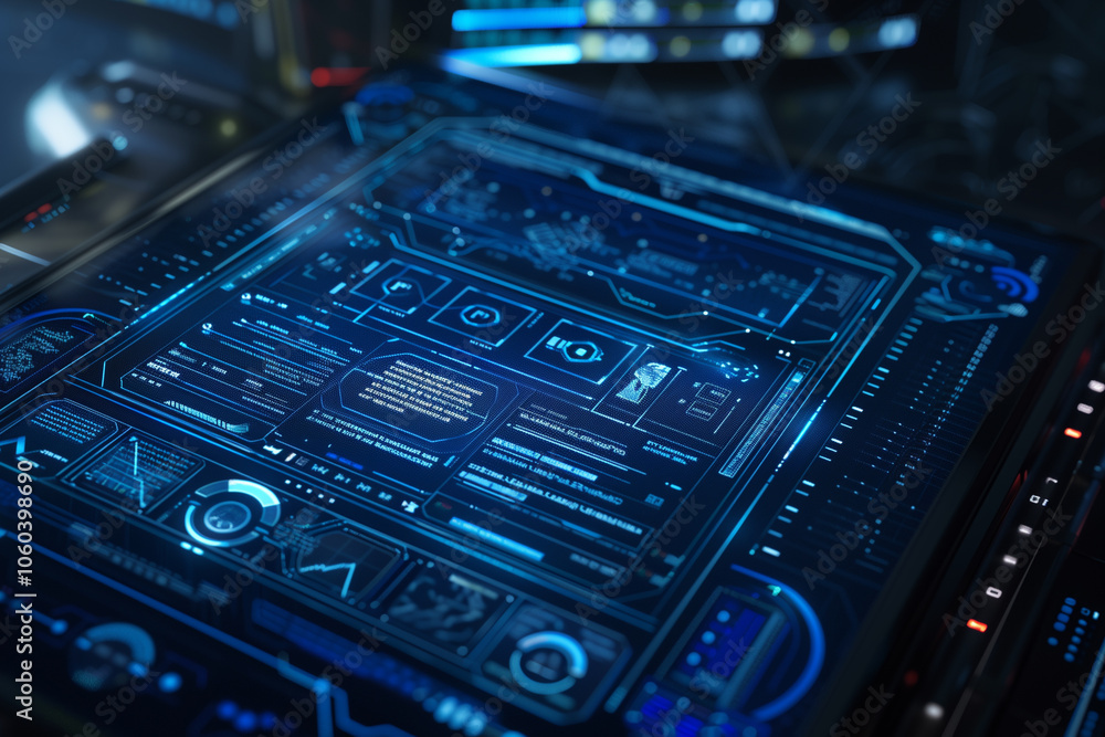 Poster holographic interface background with luminous blue script codes, digital graphs, and transparent pa