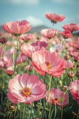 Fototapeta premium A vibrant field of pink cosmos flowers in full bloom, capturing the essence of spring under a clear sky.