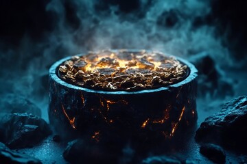 Dimly lit frying pan with a dark, moody setting and golden food sizzling, capturing the intense, dramatic appeal of fried food in a gothic scene, symbolizing richness and flavor