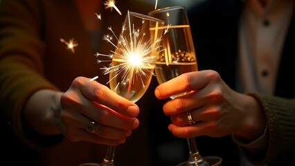 Bengal lights and champagne glasses. New Year's concept