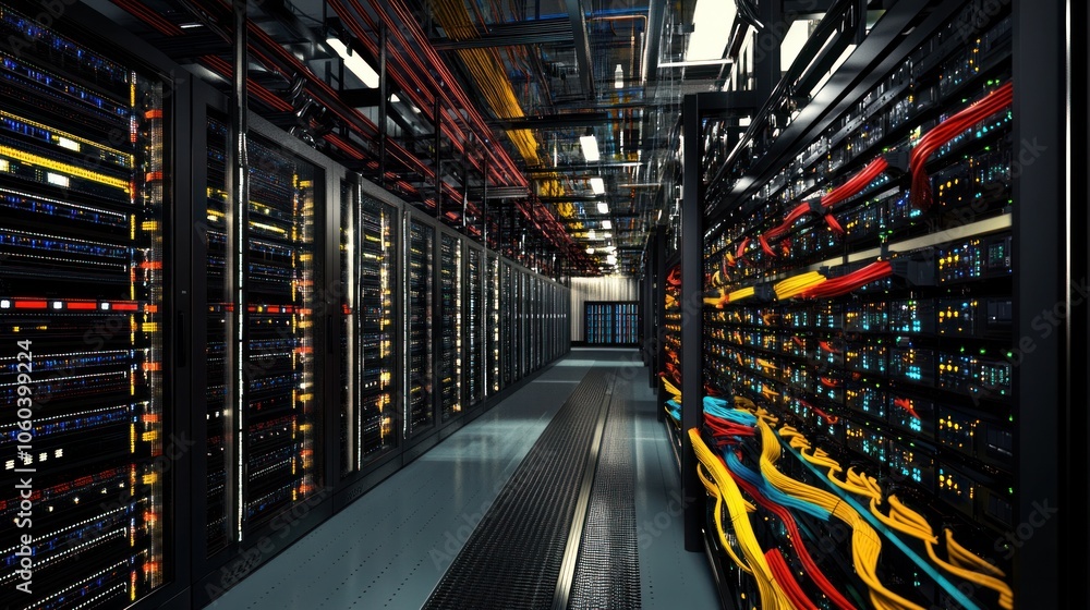 Poster a detailed 3d visualization of a data center server room, filled with an array of server racks equip
