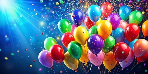 A vibrant array of colorful balloons, soaring against a backdrop of shimmering confetti and radiant light, creates a festive atmosphere of joyous celebration.