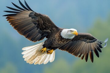 Obraz premium Eagle in Flight A majestic eagle soaring through the sky, its powerful wings flapping slowly, each feather visible as it glides effortlessly on the wind