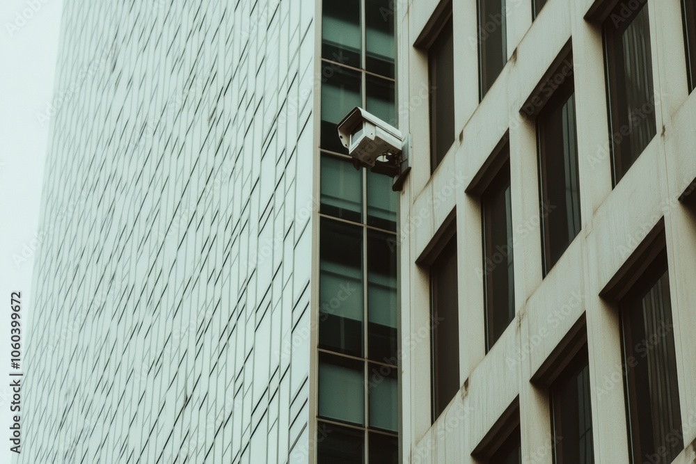 Poster Surveillance cameras are mounted on the exterior of an office building, ensuring security and monitoring in a busy metropolitan area. Generative AI