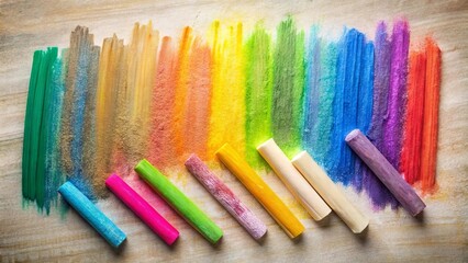 A vibrant rainbow of chalk strokes against a textured wooden surface, with the corresponding colored chalk sticks arranged in a staggered pattern.