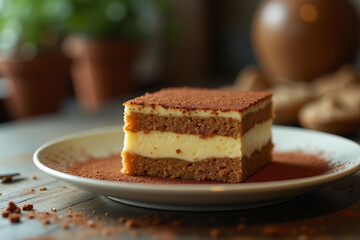 Close-up meramisu cake on the kitchen table.