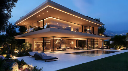 Obraz premium Modern Luxury Home with Pool and Garden 3D Illustration