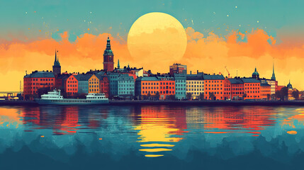 Gothenburg, Sweden, Pop Art style theme print. Cityscape, city skyline.Vibrant, bright, modern, trendy, graphic designed for poster, card, wallpaper