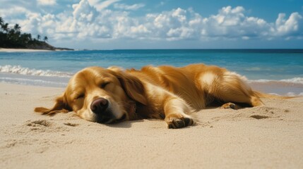 A golden retriever lying on a beach, enjoying the warmth of the sun