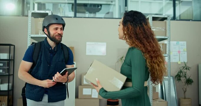 Girl, delivery guy and package with tablet for signature of distribution, ecommerce and online shopping. Woman, order and digital with courier service, supply chain and product agreement for startup