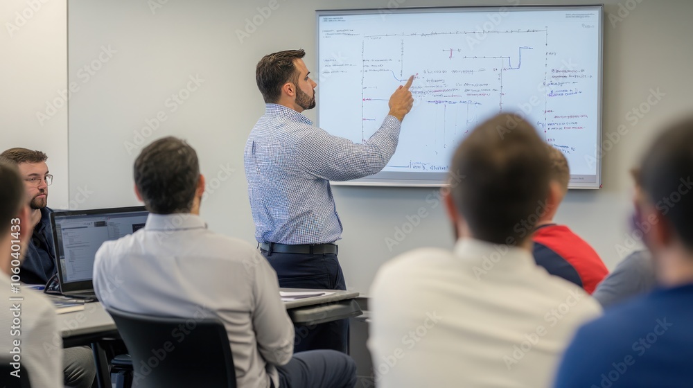 Poster a group of employees participating in a cybersecurity training session, with a trainer pointing to a