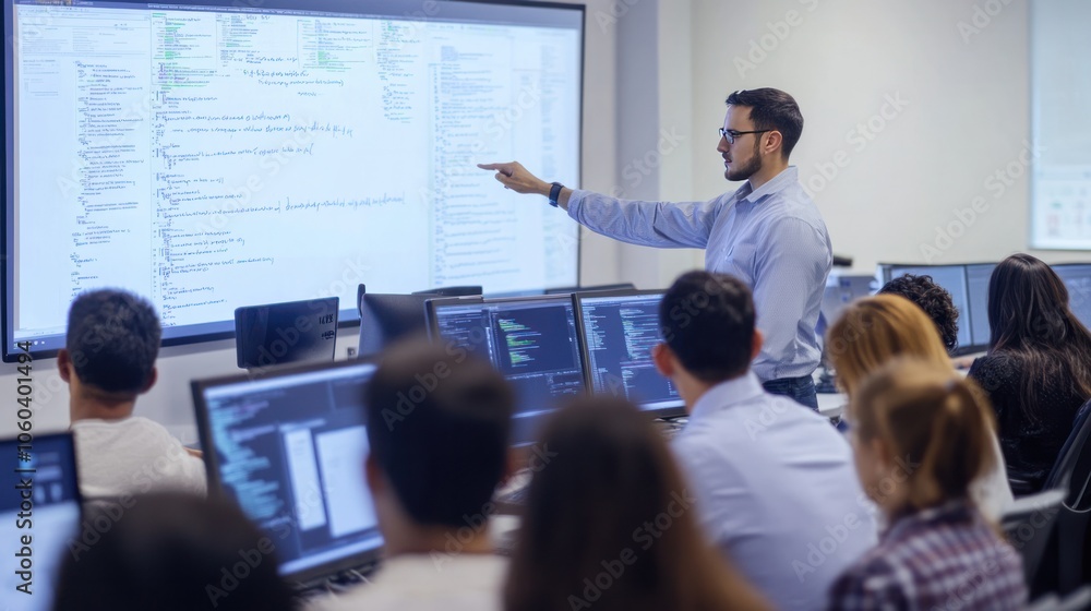Poster a group of employees participating in a cybersecurity training session, with a trainer pointing to a