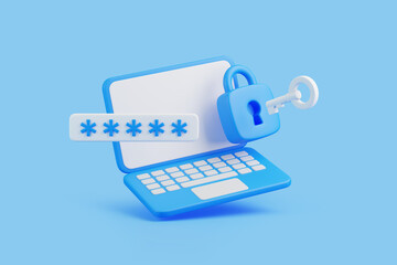 Laptop with a password input field, lock, and key, symbolizing cybersecurity, data protection, and secure access. 3D render illustration