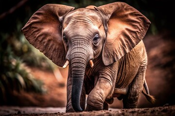 Fototapeta premium Adorable African baby elephant sprinting on a white backdrop, showcasing the beauty of wildlife. Perfect portrait for nature enthusiasts and animal lovers alike.
