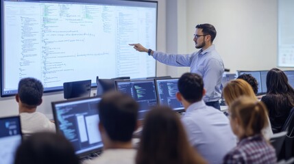A group of employees participating in a cybersecurity training session, with a trainer pointing to a whiteboard filled with security protocols and tips.