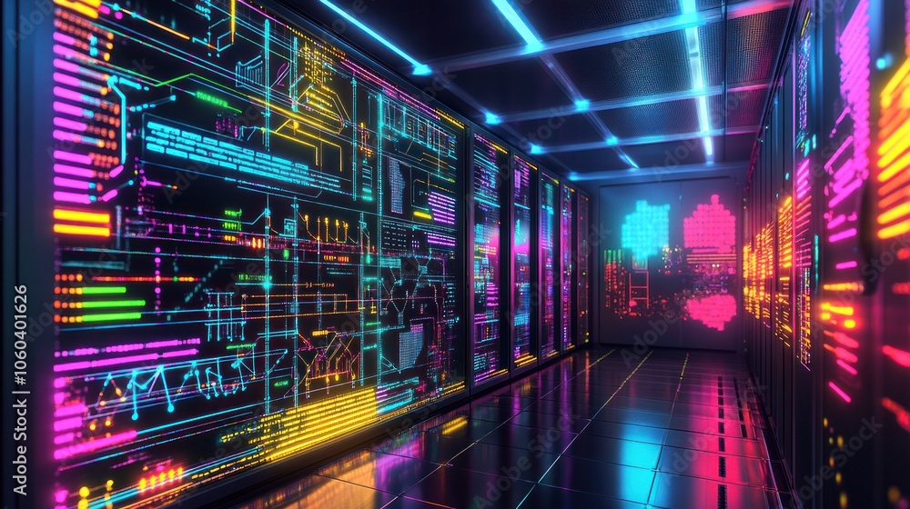 Poster a detailed 3d visualization of a data center server room, filled with an array of server racks equip