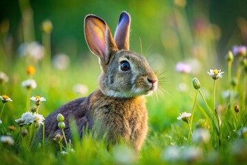 Obraz premium Adorable Brown Rabbit Sitting in Lush Green Grass with Copy Space for Text - Perfect for Nature and Wildlife Themes