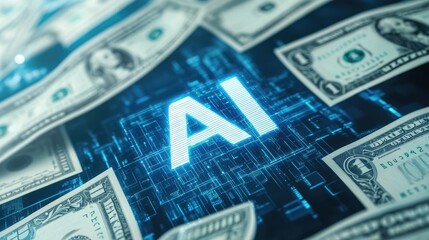 Artificial intelligence meets wealth creation in a high-tech landscape with dollar bills and coding elements