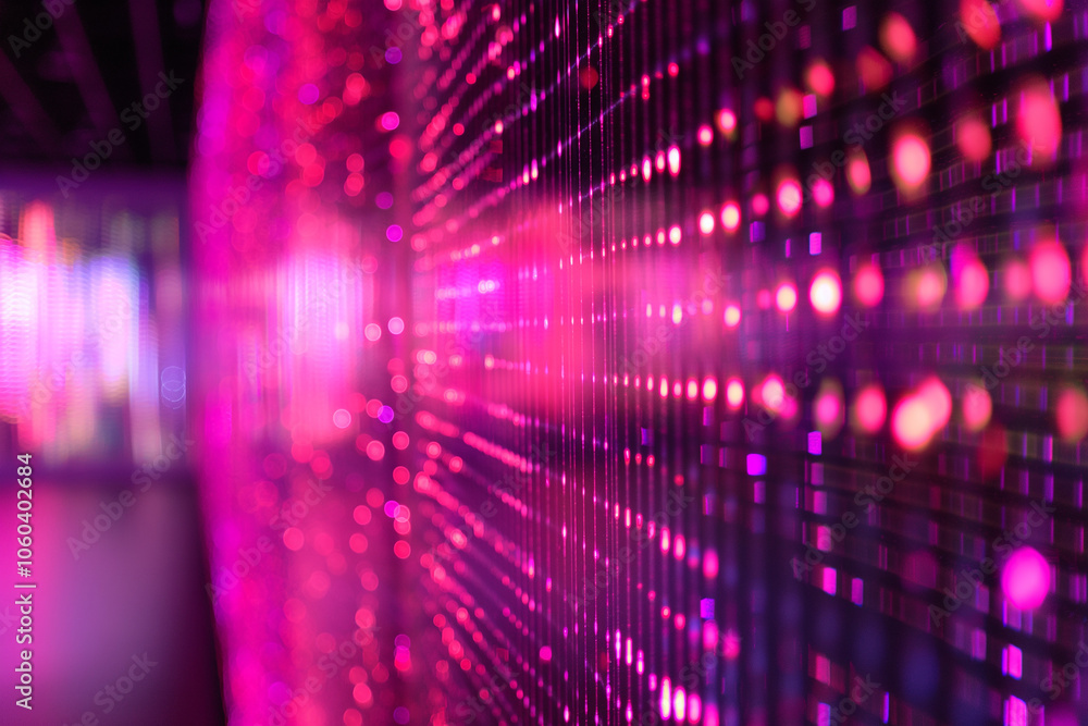Poster sleek virtual display with neon pink and purple data streams, layered computer code, and shifting li