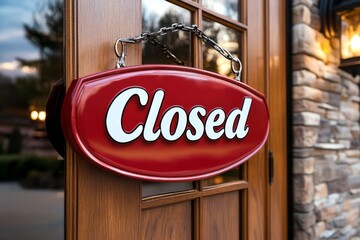 Fototapeta premium Minimalist depiction of a â€œClosedâ€ sign on a door, symbolizing the finality and clear end of business in a failing corporation, symbolizing simplicity and closure