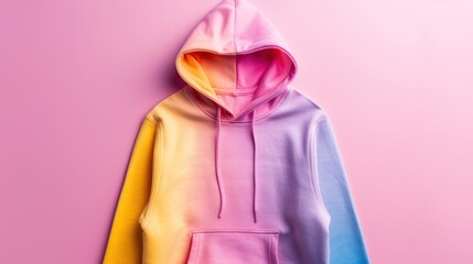 A vibrant, gradient hoodie featuring shades of pink, yellow, and blue, displayed against a soft pink background, showcasing a modern fashion style.