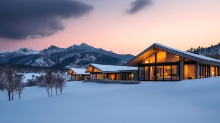 Fototapeta premium Modern cabin-style houses with large windows illuminated from within, set in a snowy mountain landscape at sunset, featuring distant mountains and a serene winter environment.