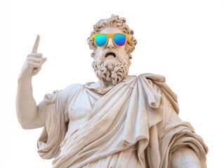 Obraz premium shocked and scream marble statue of Zeus wear colorful sunglasses, pointing finger, ancient clothes, isolated on white background