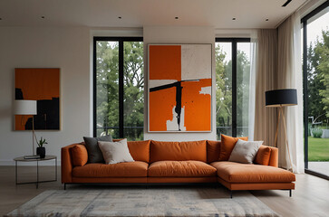 Fototapeta premium Minimalist home interior design of modern living room. Room with orange sofa, abstract art, modern decor, and large window