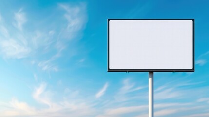 A blank billboard stands against a clear blue sky, surrounded by wispy clouds, offering a clean slate for advertisements or messages.
