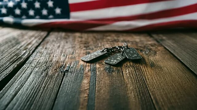 A close-up of military dog tags resting on a rustic table
