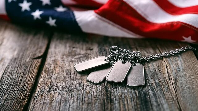A close-up of military dog tags resting on a rustic wooden table