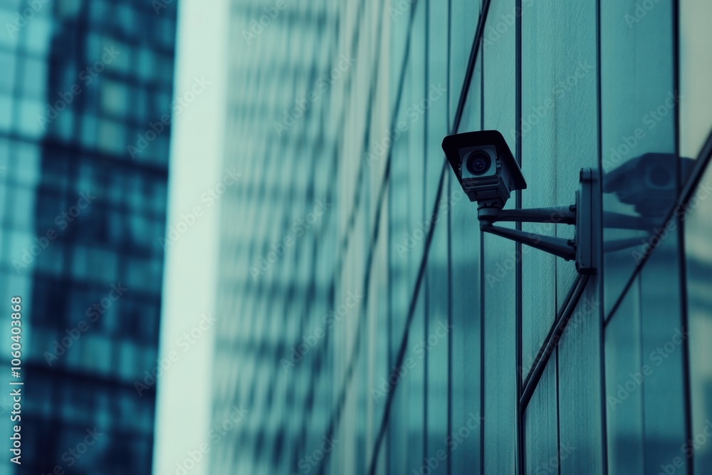 Aufkleber a surveillance camera is visible on the exterior of an office building, overseeing the surrounding a