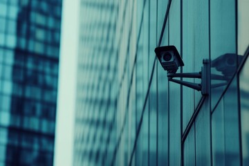 Obraz premium A surveillance camera is visible on the exterior of an office building, overseeing the surrounding area and capturing activities below. Generative AI