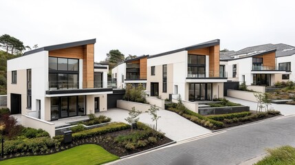 Fototapeta premium Modern residential area with contemporary detached houses featuring large windows, clean lines, and landscaped gardens in a suburban neighborhood setting.