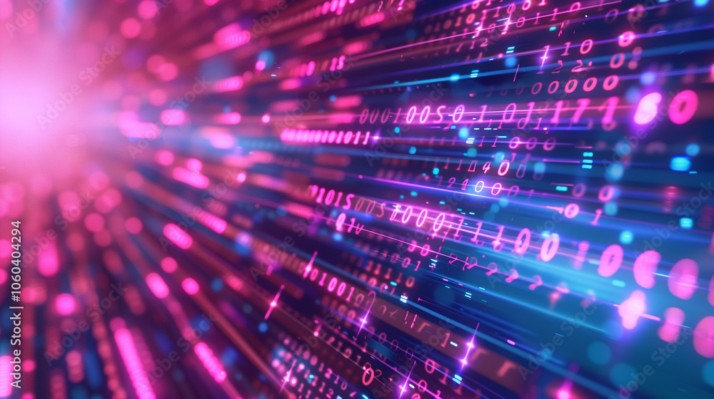 Poster sleek virtual display with neon pink and purple data streams, layered computer code, and shifting li